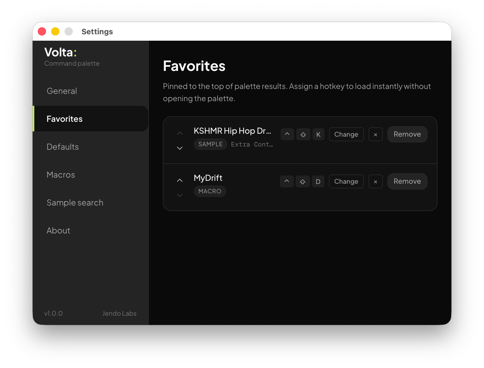 Volta favorites hotkey view for saved commands