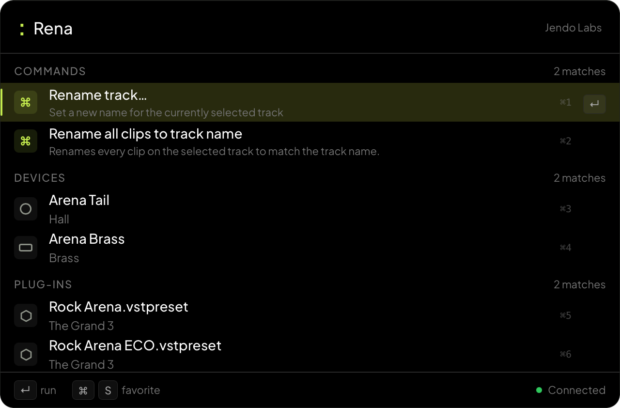 Volta action search with command results for selected track