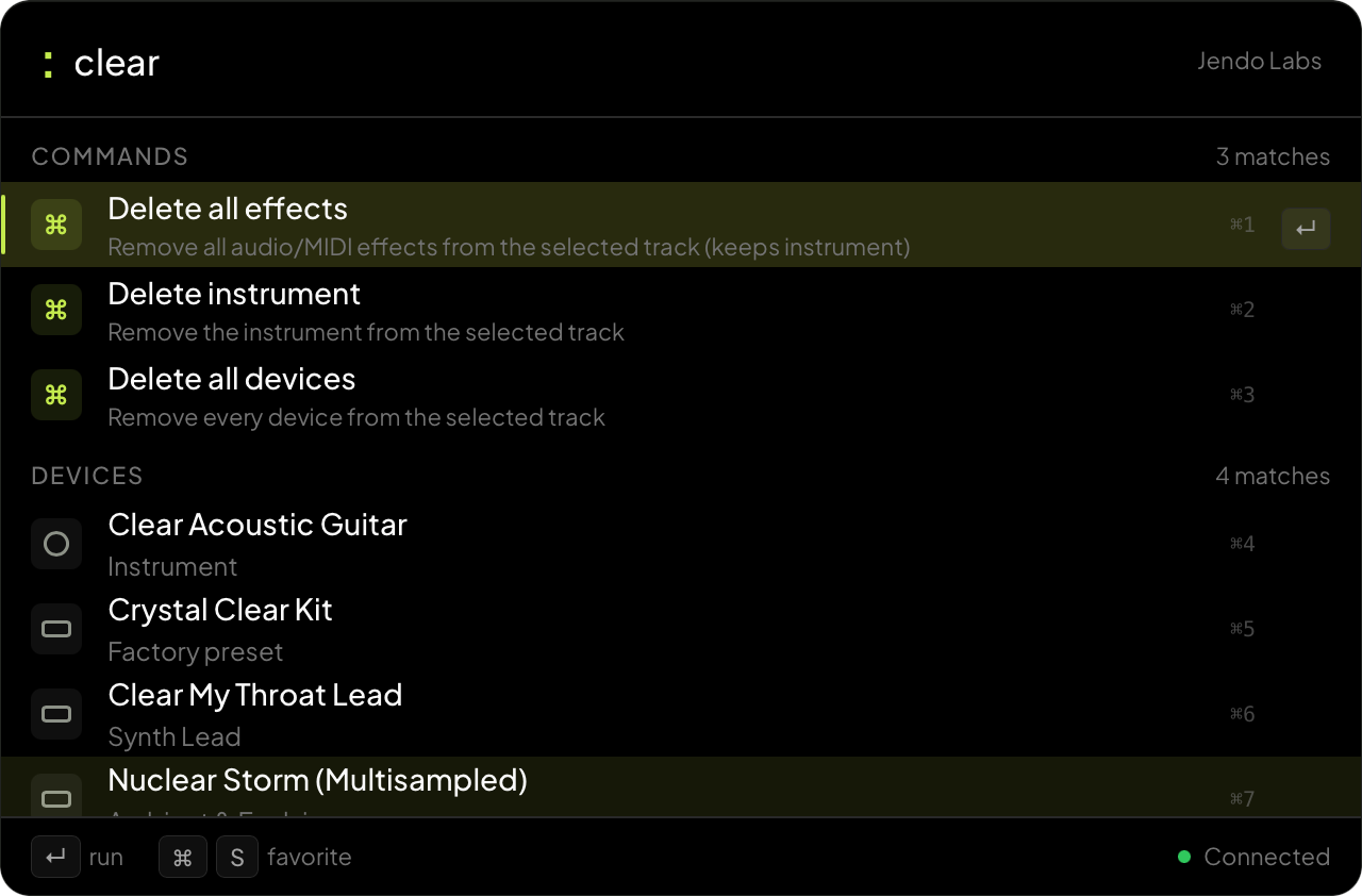 Volta command action search showing track actions